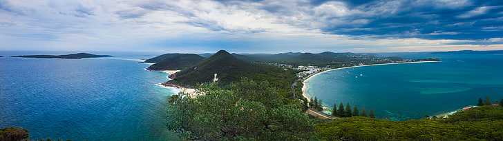 grünblättrige Bäume, Panorama, Landschaft, Doppelanzeige, Doppelmonitore, Strand, Halbinsel, HD-Hintergrundbild