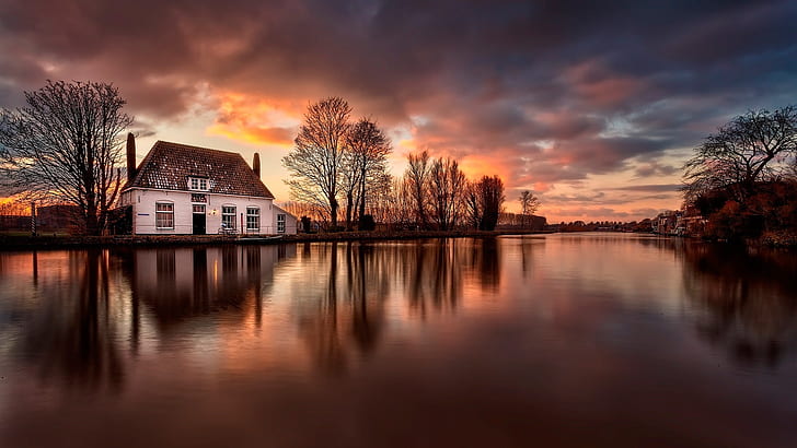 House, river, water reflection, dusk, Netherlands, orange, black, and blue picture of house, House, River, Water, Reflection, Dusk, Netherlands, HD wallpaper