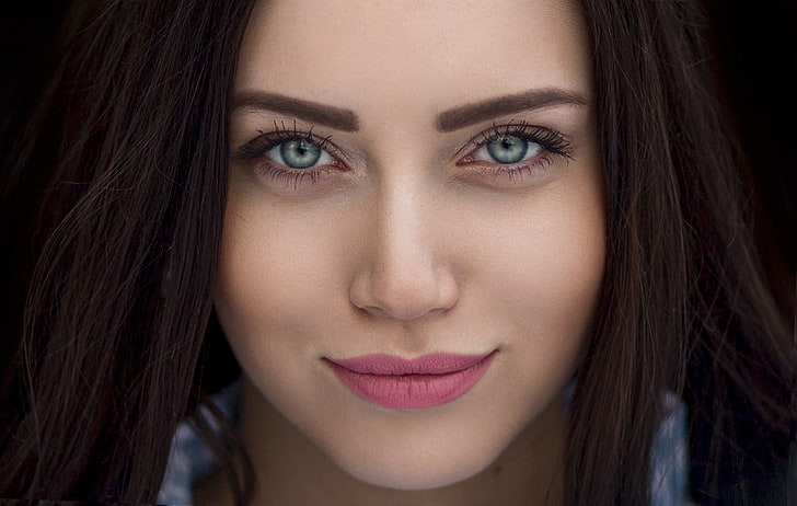 woman wearing contact lens and pink lipstick, women, face, portrait, closeup, HD wallpaper