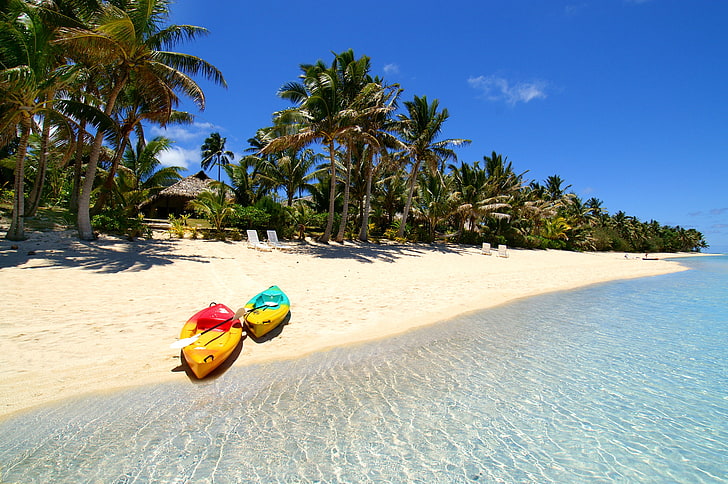 two yellow kayaks, sea, tropics, palm trees, boat, island, the Maldives, HD wallpaper