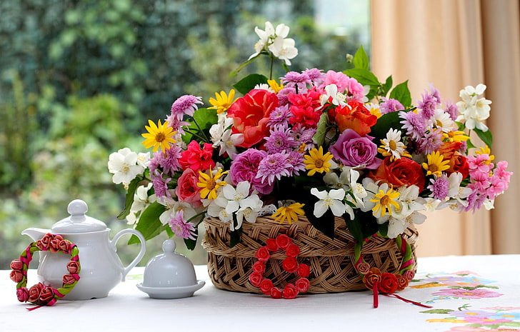 multicolored flowers in basket, roses, chrysanthemums, flowers, table, basket, gorgeous, divine, HD wallpaper