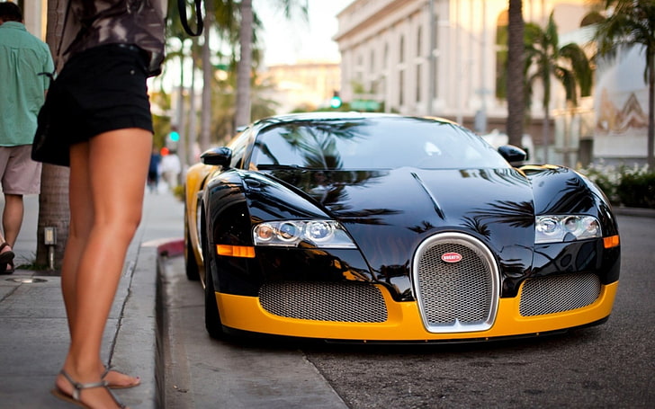 оранжево-черный Bugatti Veyron, Bugatti Veyron, суперкар, женщины, авто, город, суперкар, HD обои