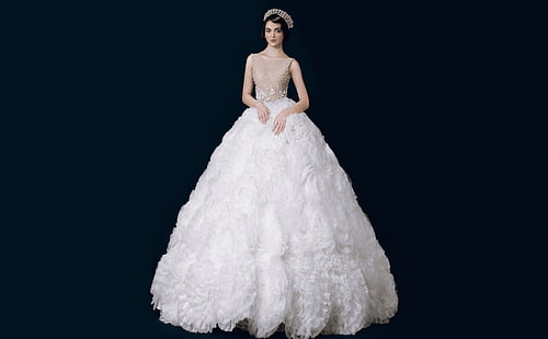 Ball Gown Wedding Dress, Girls, Girl, Beautiful, People, Love, Woman, Designer, Princess, Young, Female, Royal, Queen, Model, Gorgeous, Crown, Wedding, Collection, bride, Elegant, Dress, Lovely, Fabulous, Fairytale, glamorous, Marriage, WhiteDress, classy, BenitoSantos, weddingdresses, BallGownWeddingDresses, BallGown, IllusionNeckline, HD wallpaper HD wallpaper