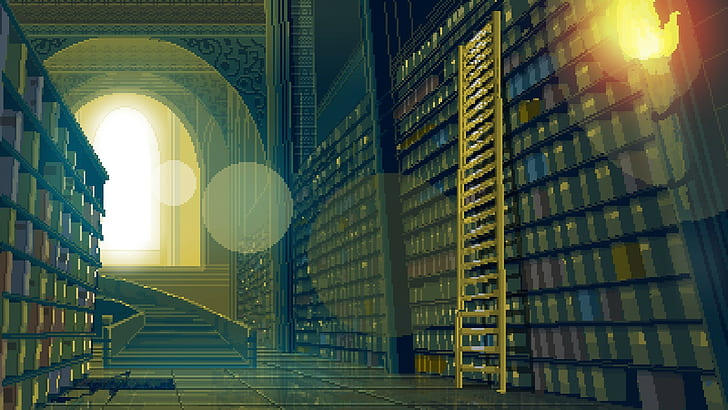 библиотека, пиксель арт, лестницы, пиксели, HD обои