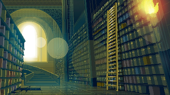 library illustration, pixels, library, ladders, pixel art, HD wallpaper HD wallpaper