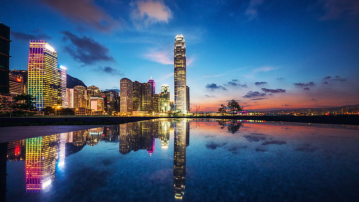 Hong Kong, luces de la ciudad, ciudad, rascacielos, Fondo de pantalla HD