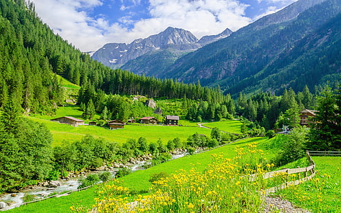 Альпийский зеленый пейзаж Зеленые луга Горная река Пики Альпы Австрия Фото обои Hd для рабочего стола 3840 × 2400, HD обои HD wallpaper