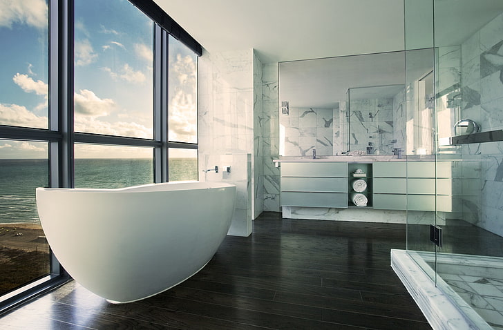 vasca da bagno in ceramica bianca, mare, interni, finestra, bagno, bagno, doccia, Sfondo HD
