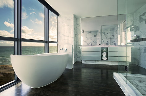 bathtub keramik putih, laut, interior, jendela, bak mandi, kamar mandi, shower, Wallpaper HD HD wallpaper