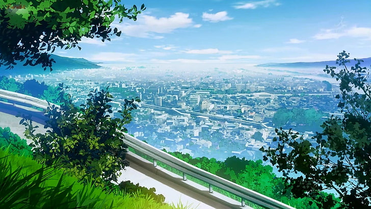 väg och träd animation, gröna blad träd väggdekor, anime, landskap, stad, stadsbild, HD tapet