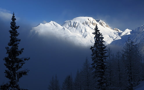 заснежена планина, природа, пейзаж, сняг, зима, планини, HD тапет HD wallpaper