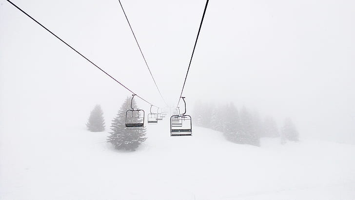 сняг, ски влек, ски влекове, борови дървета, HD тапет
