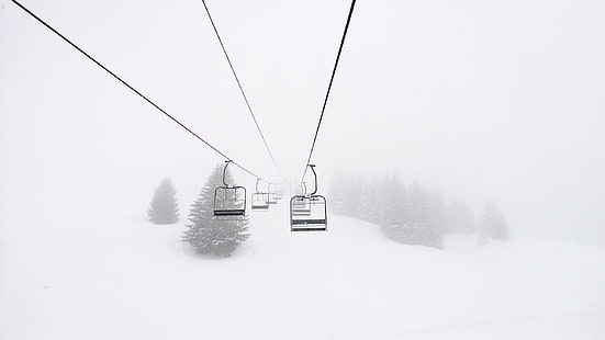 сняг, ски влек, ски влекове, борови дървета, HD тапет HD wallpaper