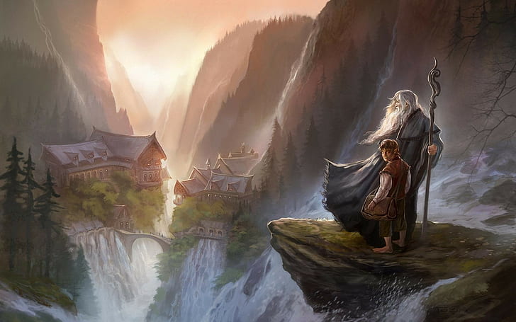 Bilbo Bolseiro, O Hobbit, arte digital, pintura, Gandalf, Rivendell, arte de fantasia, O Senhor dos Anéis, HD papel de parede