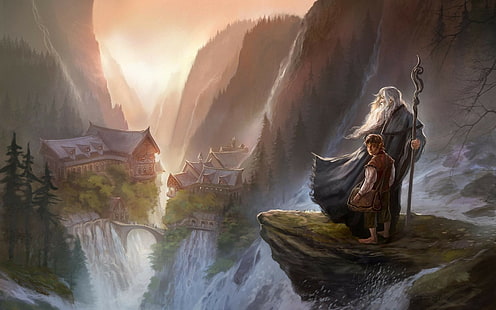 Bilbo Bolseiro, O Hobbit, arte digital, pintura, Gandalf, Rivendell, arte de fantasia, O Senhor dos Anéis, HD papel de parede HD wallpaper