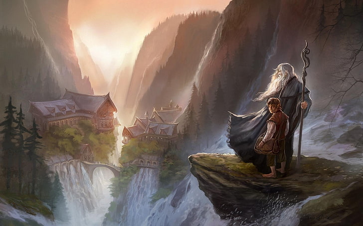 man holding rod on cliff digital wallpaper, The Lord of the Rings, painting, fantasy art, digital art, The Hobbit, Gandalf, Bilbo Baggins, Rivendell, HD wallpaper
