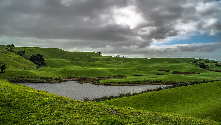 grass covered hill landscape, auckland, auckland, Rolling hills, SW, Auckland, grass, covered, Nikon  D5100, New Zealand, Tamron, Landscape, Clouds, nature, hill, sky, rural Scene, scenics, outdoors, green Color, cloud - Sky, meadow, summer, HD wallpaper