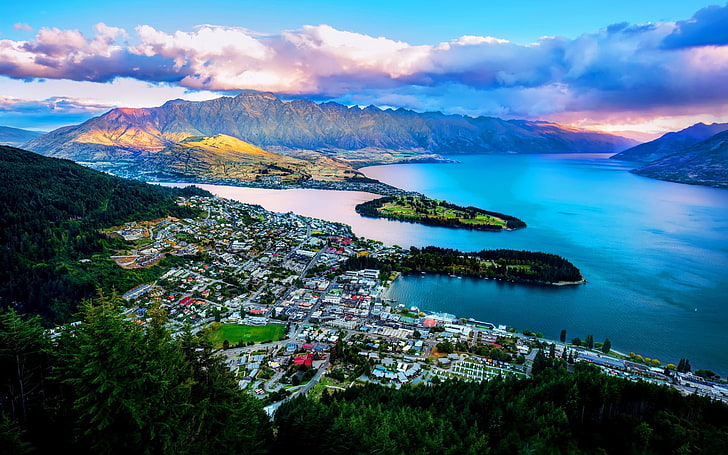 都市景観、湖、クイーンズタウン、ワカティプ、ニュージーランド、 HDデスクトップの壁紙