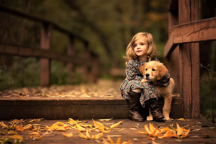 маленькая девочка, лабрадор ретривер, собака, животные, лабрадор, HD, мило, дети, HD обои