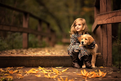 小さな女の子、ラブラドル・レトリーバー犬、犬、動物、ラブラドール、hd、かわいい、子供、 HDデスクトップの壁紙 HD wallpaper