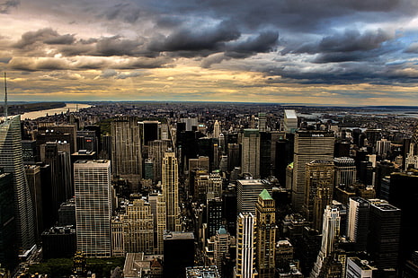 skyline photography of high-rise buildings under white and black cloudy sky, photography, high-rise buildings, white, black, cloudy, New York, Estados Unidos, US, USA, Empire  Empire, Empire State, Manhattan  Skyline, Sunset, Canon, 60D, com, Top of the Rock, Central Park, Clouds, urban Skyline, cityscape, skyscraper, downtown District, new York City, city, architecture, urban Scene, famous Place, manhattan - New York City, building Exterior, HD wallpaper HD wallpaper