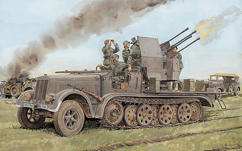 солдаты возле коричневого боевого танка цифровые обои, рисунок, Mittlerer Zugkraftwagen, немецкий, самоходный, (APU), установка, на базе, зенитная, 20 мм Flakvierling 38, Sd.Car.7 / 1, на самоходПистолет, Half-Track, Sd.Car.7, Трактор, Flak 38, HD обои HD wallpaper