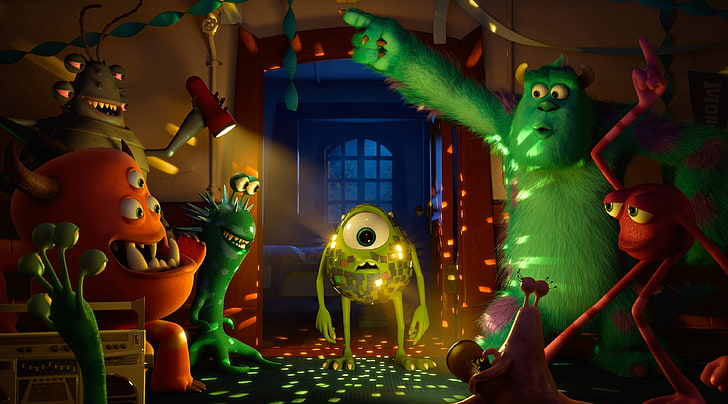 Monster University Party, Mike Wazowski and James P Sullivan Monster Inc. characters illustration, Cartoons, Monsters Inc, 2013, monster university, party, funny, monsters inc 2, HD wallpaper