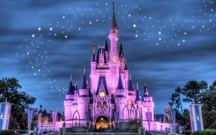 Disneyland, château, nuit, lumières, étoiles, style violet, Disneyland, château, nuit, lumières, étoiles, violet, Style, Fond d'écran HD