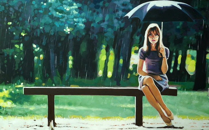 woman sitting on bench painting, women, model, brunette, long hair, women outdoors, artwork, painting, sitting, minidress, legs, umbrella, rain, bench, trees, looking at viewer, HD wallpaper