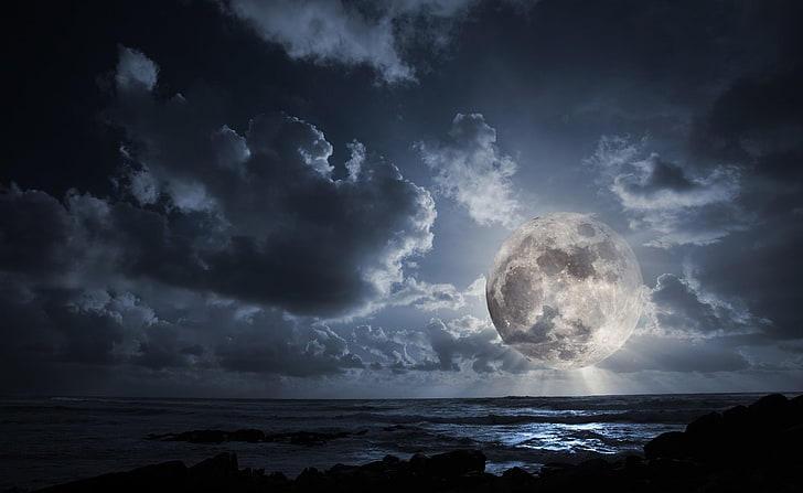 Huge Moon, full moon illustration, Nature, Beach, Moon, Huge, HD wallpaper