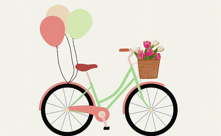 Retro Bicycle, three balloons tied on bike illustration, Vintage, Travel, Balloon, Happy, Love, Design, Bicycle, Retro, Decoration, Birthday, Romantic, Valentine, Wedding, Cute, transportation, HD wallpaper