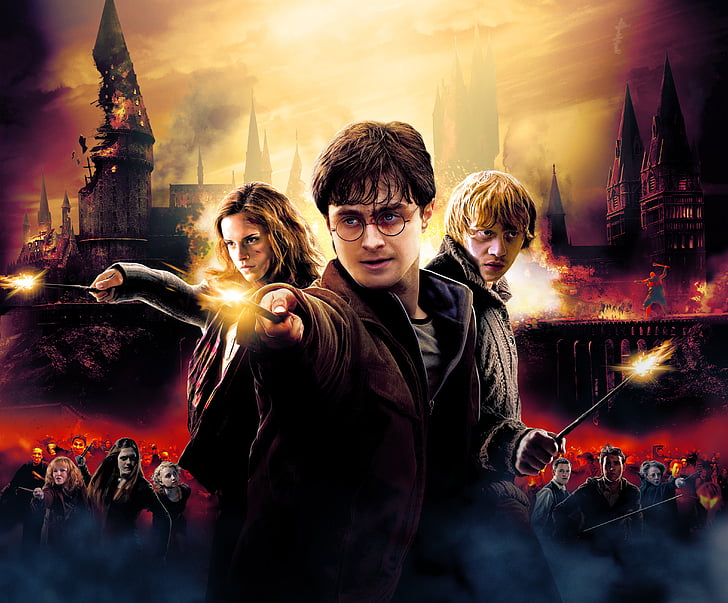 Ilustracja Harry Potter, Harry Potter i Insygnia Śmierci, Daniel Radcliffe, Emma Watson, Hermiona Granger, Rupert Grint, Ron Weasley, 4K, Tapety HD