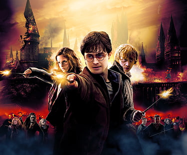 Harry Potter illustration, Harry Potter and the Deathly Hallows, Daniel Radcliffe, Emma Watson, Hermione Granger, Rupert Grint, Ron Weasley, 4K, HD wallpaper HD wallpaper