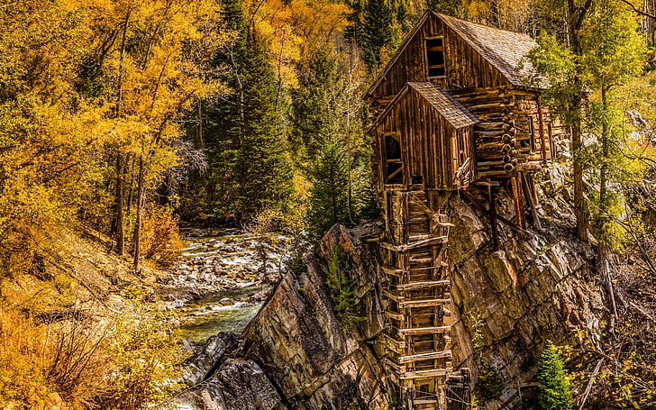 коричневый деревянный дом, природа, деревья, осень, пейзаж, лестницы, хижина, HD обои