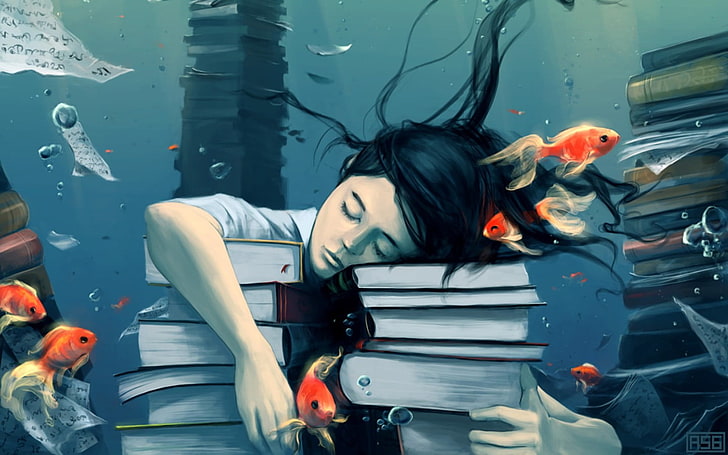 книги, рыба, пузыри, закрытые глаза, бумага, под водой, AquaSixio, произведение искусства, оригинальные персонажи, фэнтези-арт, золотая рыбка, психоделический, рисунок, фантазийная девушка, HD обои