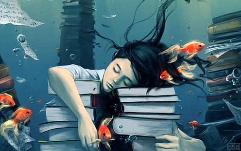 книги, рыба, пузыри, закрытые глаза, бумага, под водой, AquaSixio, произведение искусства, оригинальные персонажи, фэнтези-арт, золотая рыбка, психоделический, рисунок, фантазийная девушка, HD обои HD wallpaper