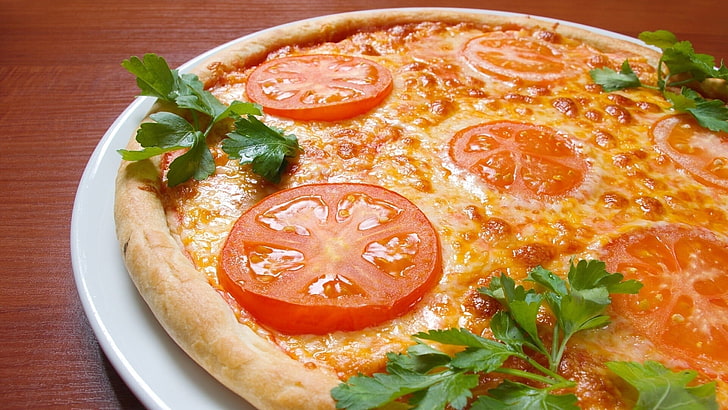 tomato and parsley leaves pizza, pizza, dough, cheese, dill, HD wallpaper
