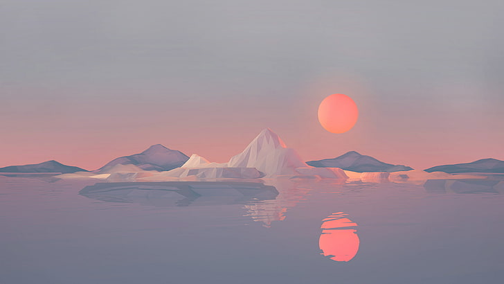 white and gray mountains surrounded with body of water during sunset digital wallpaper, sunset painting, digital art, low poly, artwork, minimalism, illustration, landscape, reflection, Sun, mountains, iceberg, 3D, Mark Kirkpatrick, HD wallpaper