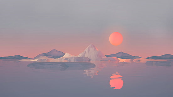montagne bianche e grigie circondate da uno spo d'acqua durante il tramonto sfondo digitale, pittura del tramonto, arte digitale, poli basso, opera d'arte, minimalismo, illustrazione, paesaggio, riflessione, sole, montagne, iceberg, 3D, Mark Kirkpatrick, Sfondo HD HD wallpaper