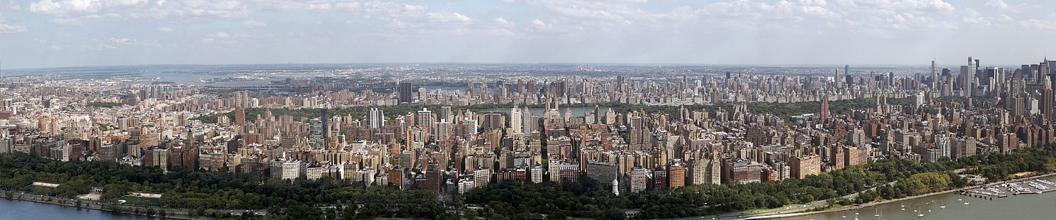 панорамная фотография зданий, Нью-Йорк, тройной экран, США, HD обои HD wallpaper