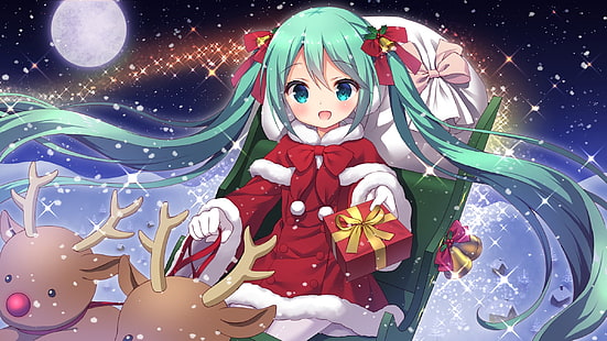 Hatsune Miku, ชุดซานต้า, ของขวัญ, twintails, น่ารัก, Vocaloid, คริสต์มาส, อะนิเมะ, วอลล์เปเปอร์ HD HD wallpaper