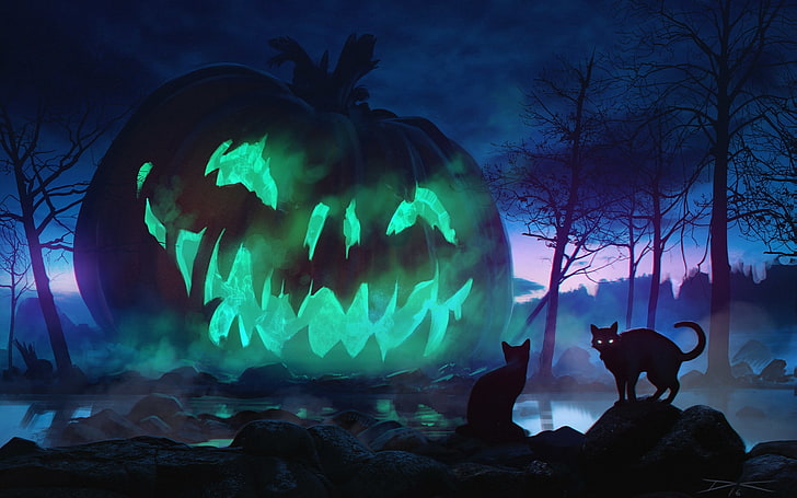 хэллоуин, гигантская тыква, страшно, кошки, темная тема, лес, туман, камни, фэнтези, HD обои