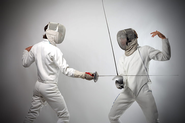 two men fencing suits, fencing, sports, white background, HD wallpaper