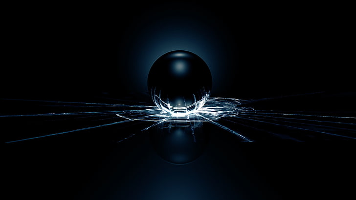 black ball break mirror photo, digital art, sphere, broken glass, dark, black background, HD wallpaper