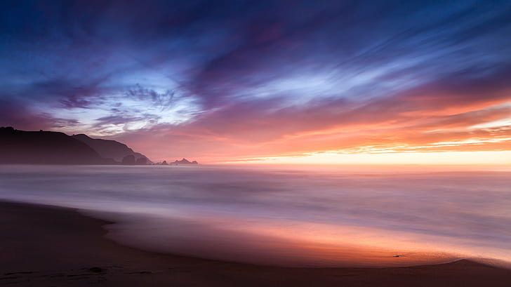 time lapse photography of foggy horizon during golden hour, End of the Road, Road  time, time lapse photography, foggy, horizon, golden hour, Beach, Circular Polarizer, Fall, Filter, Landscape, Neutral, Gradient, Ocean, Season, Sunset, Water, Pacifica  CA, USA, Final, sea, nature, coastline, scenics, dusk, sky, sunrise - Dawn, outdoors, beauty In Nature, HD wallpaper