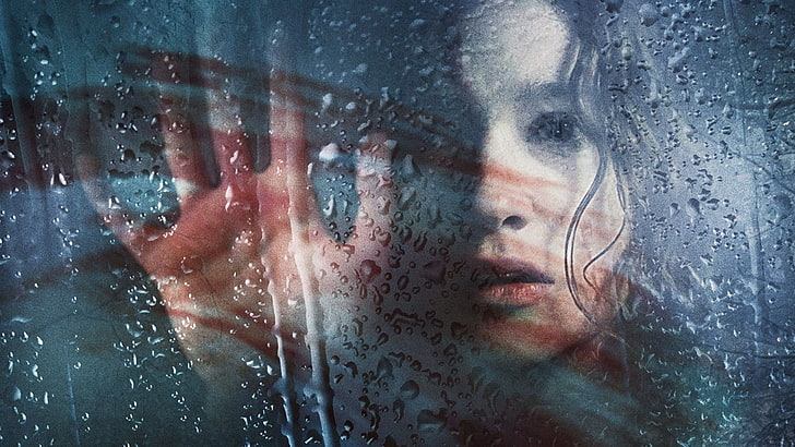 черна коса на жена, В страх, вода върху стъкло, филми, лице, ръце, HD тапет