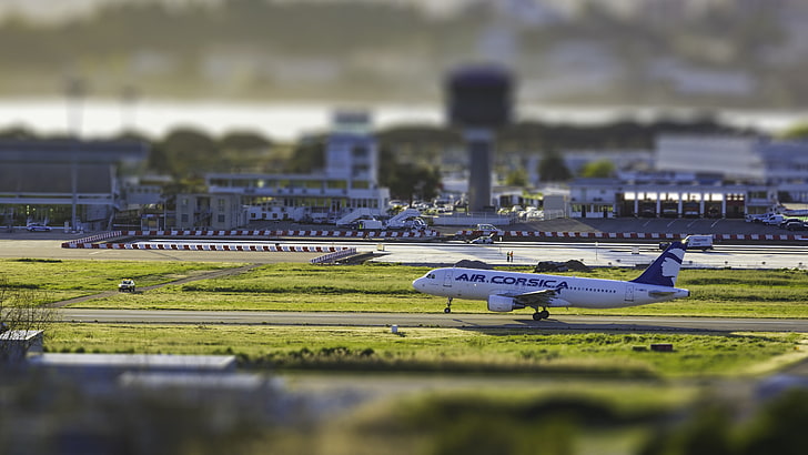 white and blue airplane, Air Corsica commercial plane on runway selective photography, Air France, Ajaccio, tilt shift, HD wallpaper