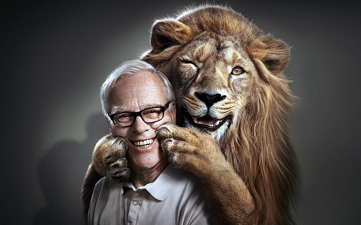 lion and man painting, nature, animals, old people, men, lion, smiling, photo manipulation, gray background, glasses, humor, HD wallpaper