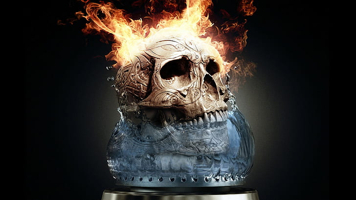 cráneo, fuego, agua, Fondo de pantalla HD