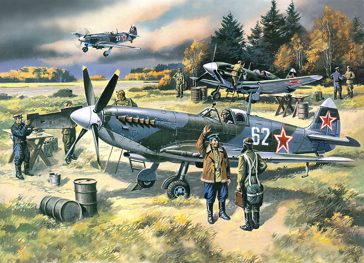 monoplanes and pilots illustration, the plane, fighter, art, USSR, the airfield, English, WWII, Spitfire, training, Supermarine, WW2., departure, lend-lease, Defense, Moscow, was postavljale, secret, HD wallpaper